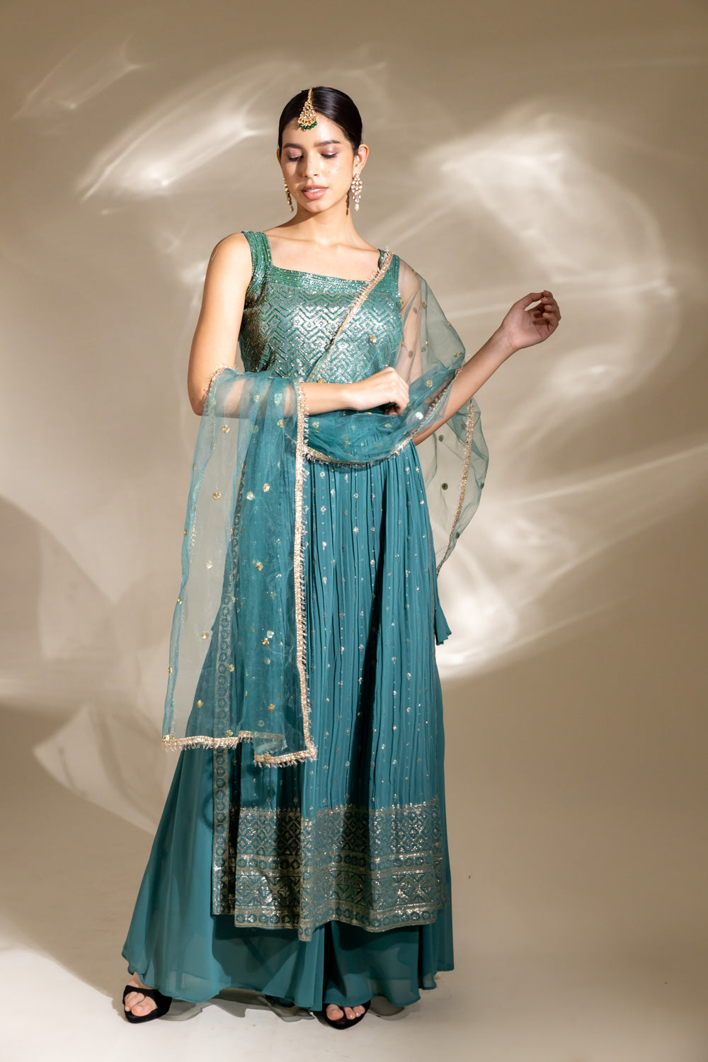 Mint Green Georgette Readymade Sharara Set With Net Dupatta