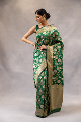 Bottle Green Banarasi Woven Zari Saree With Unstitched Blouse