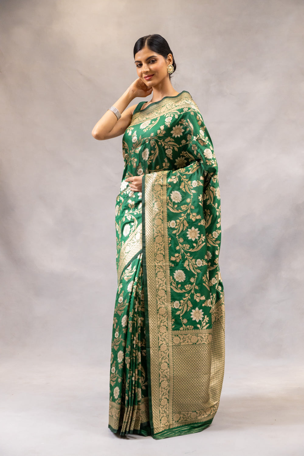 Bottle Green Banarasi Woven Zari Saree With Unstitched Blouse