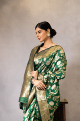 Bottle Green Banarasi Woven Zari Saree With Unstitched Blouse