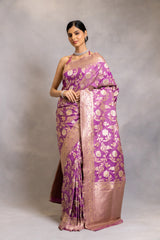 Purple Banarasi Woven Zari Saree With Unstitched Blouse