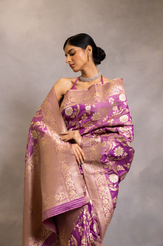 Purple Banarasi Woven Zari Saree With Unstitched Blouse