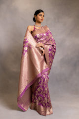 Purple Banarasi Woven Zari Saree With Unstitched Blouse