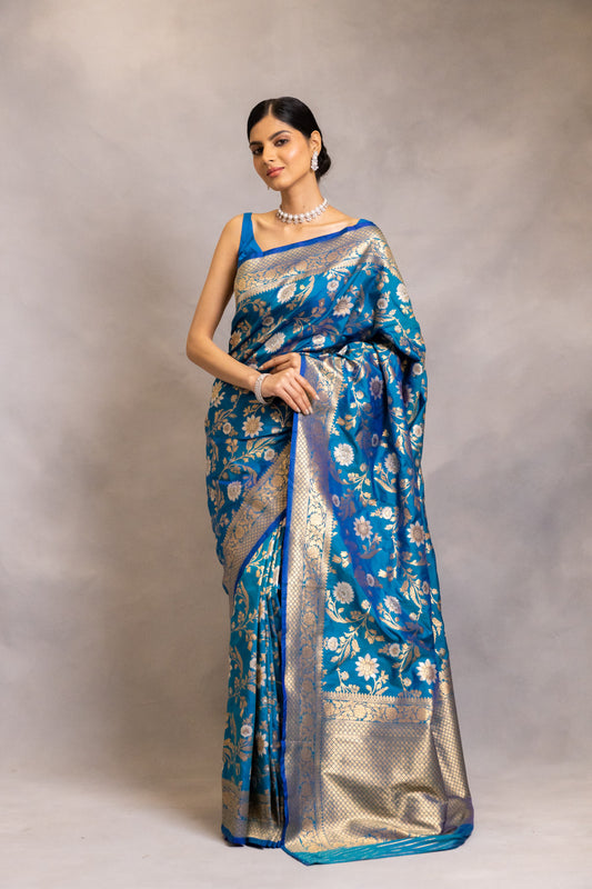 Rama Banarasi Woven Zari Saree With Unstitched Blouse