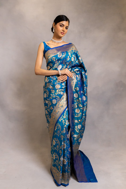 Dark Firozi Woven Zari Banarasi Silk Saree With Unstitched Blouse (Ft:-Arti Chauhan)