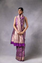 Purple Banarasi Woven Zari Saree With Unstitched Blouse