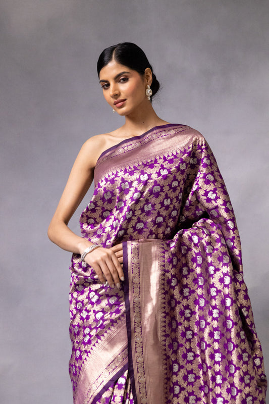 Purple Banarasi Woven Zari Saree With Unstitched Blouse