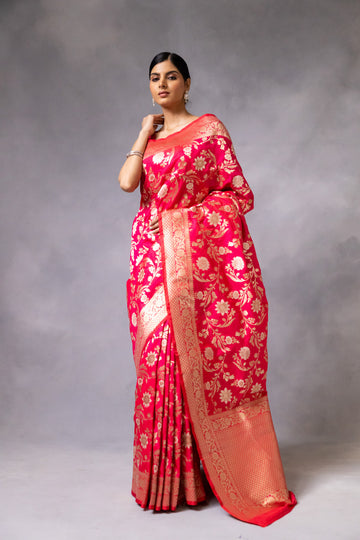 Rani Banarasi Woven Zari Saree With Unstitched Blouse