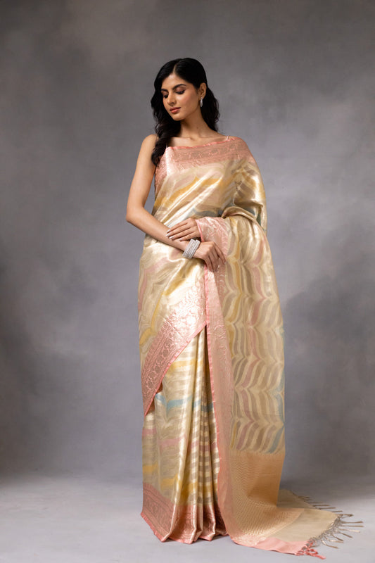 Tussar Cotton Banarasi Woven Zari Saree With Unstitched Blouse