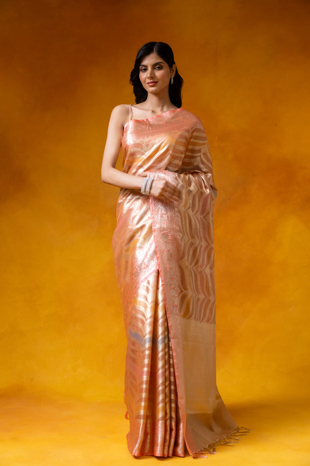 Peach Cotton Banarasi Woven Zari Saree With Unstitched Blouse