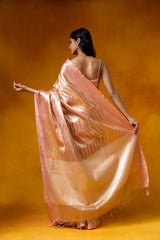 Peach Cotton Banarasi Woven Zari Saree With Unstitched Blouse