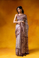 Grey Dolna Silk Digital Print Saree With Unstitched Blouse