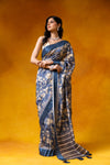 Grey Cotton Floral Print Saree With Unstitched Blouse