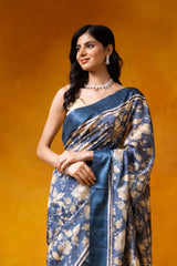 Grey Cotton Floral Print Saree With Unstitched Blouse