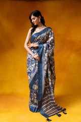 Grey Cotton Floral Print Saree With Unstitched Blouse