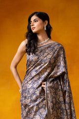 Grey Cotton Floral Print Saree With Unstitched Blouse