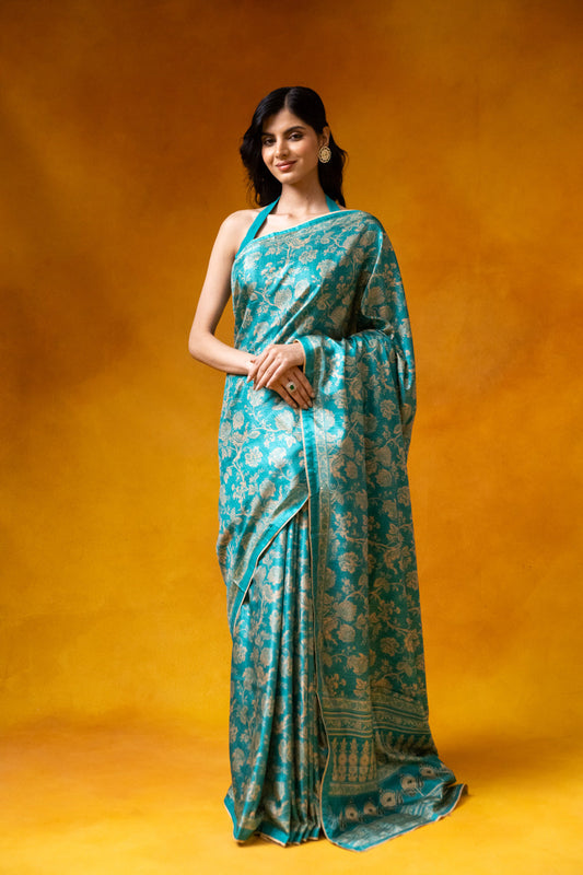 Rama Cotton Floral Print Saree With Unstitched Blouse