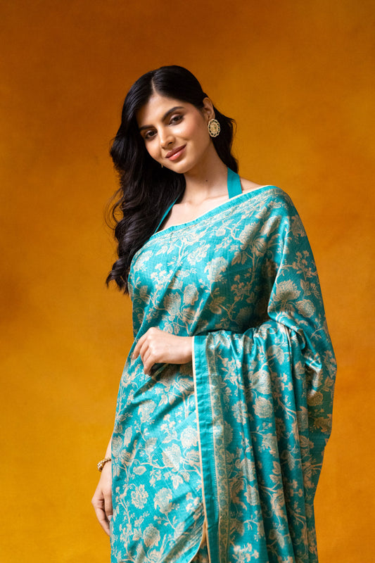 Rama Cotton Floral Print Saree With Unstitched Blouse