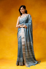 Blue Grey Cotton Digital Printed Saree With Unstitched Blouse