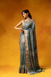 Blue Grey Cotton Digital Printed Saree With Unstitched Blouse