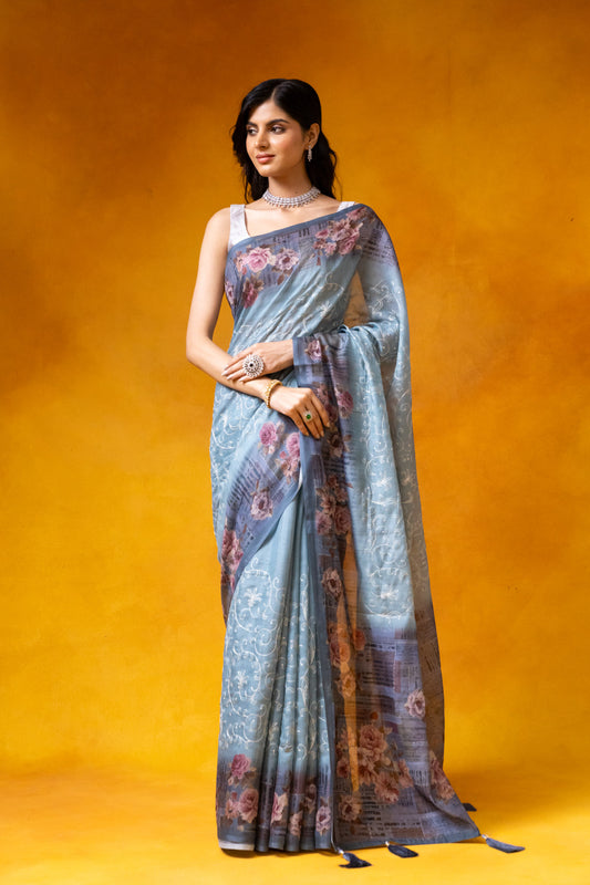 Cotton Tussar Digital Print Saree With Unstitched Blouse