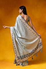 Sea Green Cotton Print Embroidered Saree With Unstitched Blouse