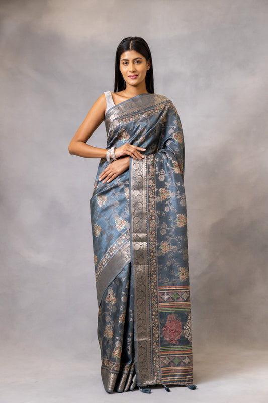 Mouse Tussar Banarasi Woven Zari Saree With Unstitched Blouse