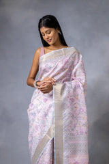 Pink Cotton Silk Floral Print Saree With Unstitched blouse