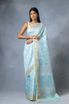 Sky Blue Cotton Silk Floral Print Saree With Unstitched blouse