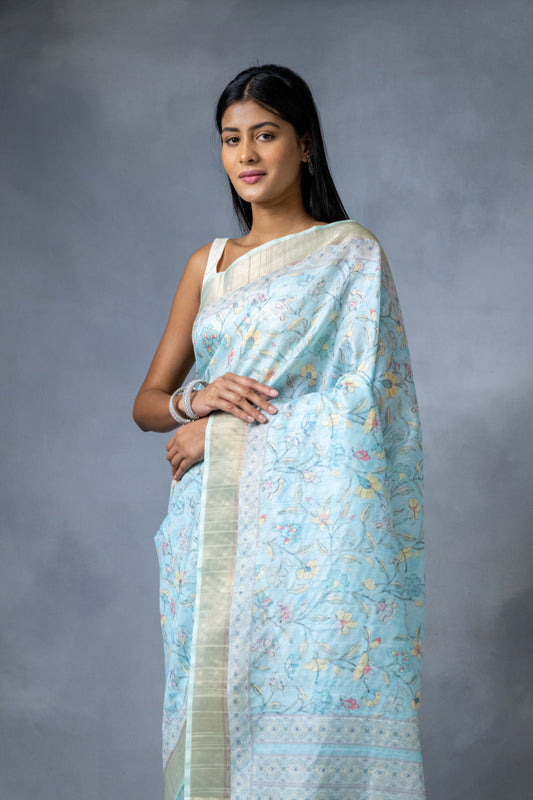 Sky Blue Cotton Silk Floral Print Saree With Unstitched blouse