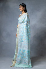 Sky Blue Cotton Silk Floral Print Saree With Unstitched blouse