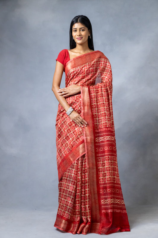 Maroon Cotton Silk Digital Print Saree With Unstitched Blouse