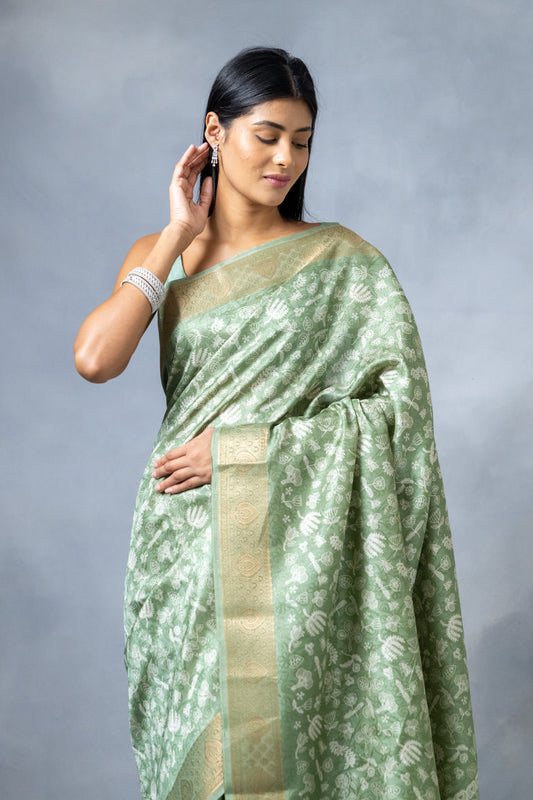 Pista Tussar Digital Print Saree With Unstitched Blouse