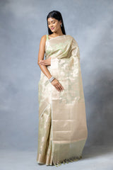 Pista Cotton Banarasi Woven Zari Saree With Unstitched Blouse