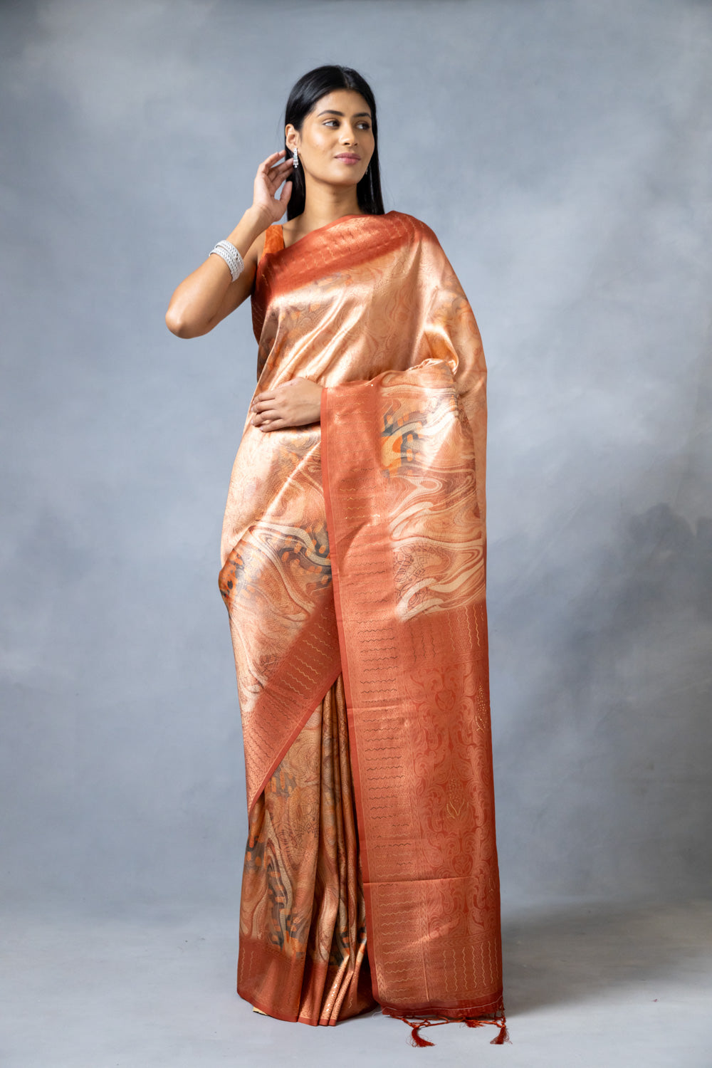 Coral Tussar Digital Print Saree With Unstitched Blouse