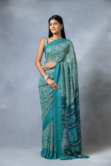 Mint Green Georgette Floral Print Saree With Unstitched Blouse