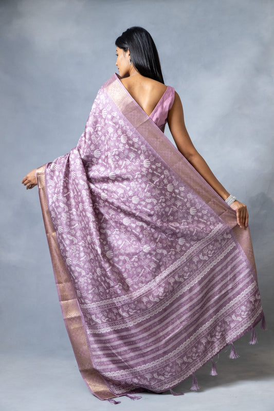 Mauve Tussar Digital Print Saree With Unstitched Blouse