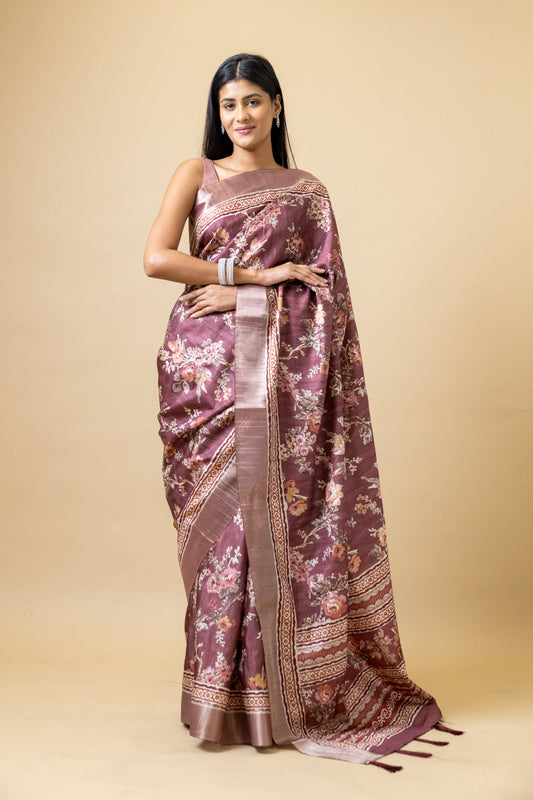 Brown Tussar Floral Print Saree With Unstitched Blouse