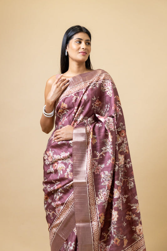 Brown Tussar Floral Print Saree With Unstitched Blouse