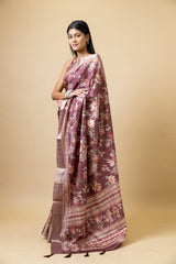 Brown Tussar Floral Print Saree With Unstitched Blouse