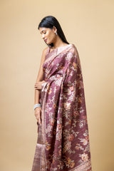 Brown Tussar Floral Print Saree With Unstitched Blouse