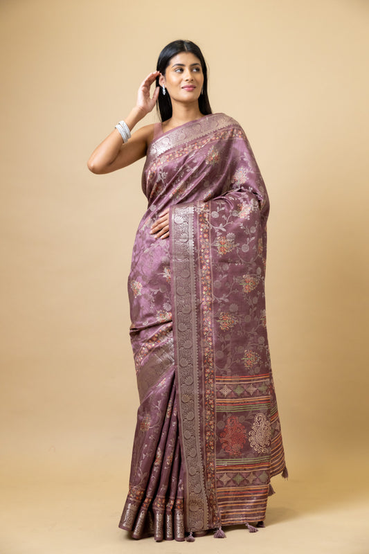 Gajari Tussar Banarasi Woven Zari Saree With Unstitched Blouse