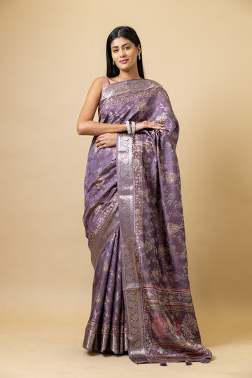 Mauve Tussar Banarasi Woven Zari Saree With Unstitched Blouse