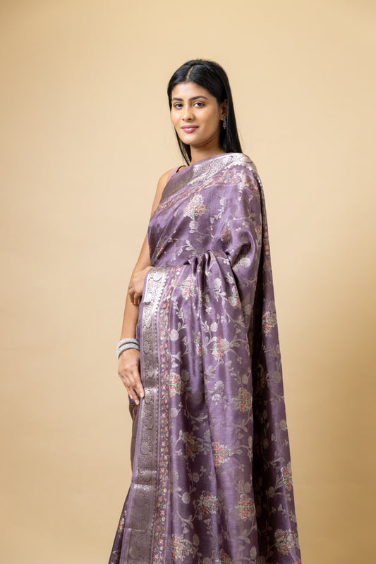 Mauve Tussar Banarasi Woven Zari Saree With Unstitched Blouse