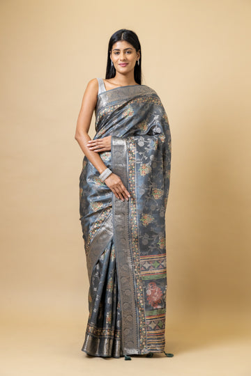 Grey Tussar Banarasi Woven Zari Saree With Unstitched Blouse