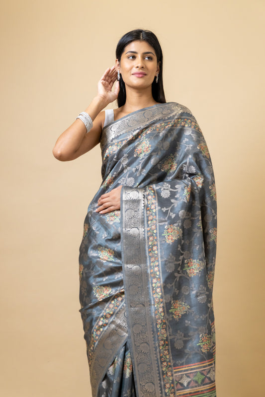 Grey Tussar Banarasi Woven Zari Saree With Unstitched Blouse