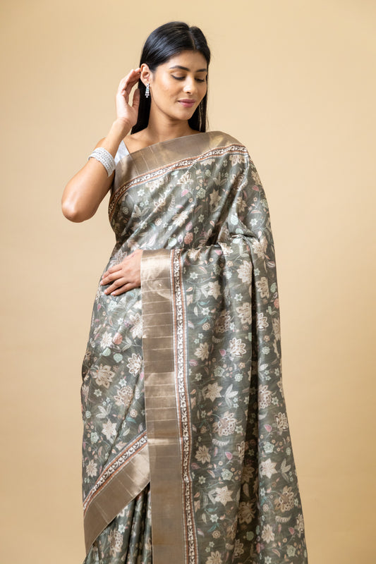 Mehndi Tussar Floral Print Saree With Unstitched Blouse