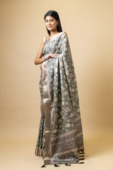 Mehndi Tussar Floral Print Saree With Unstitched Blouse