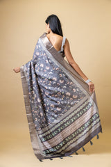 Grey Tussar Floral Print Saree With Zari Border With Unstitched Blouse