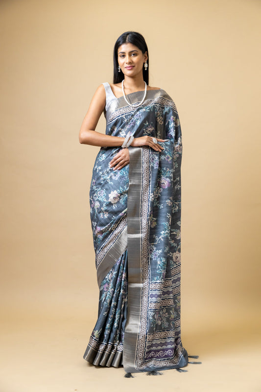 Bluish Grey Tussar Floral Print Saree With Unstitched Blouse